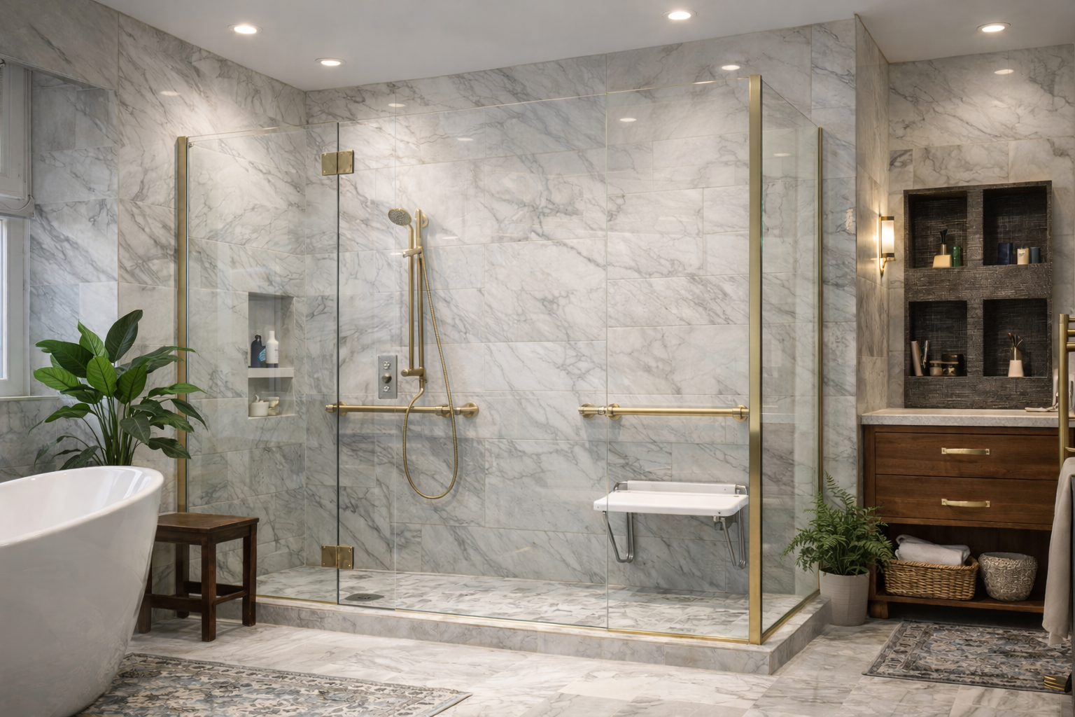 Luxury modern bathroom featuring stunning marble walk-in shower with gold fixtures, grab bars, built-in shower seat, glass enclosure, beautiful marble tile walls, elegant lighting, freestanding tub, double vanity with wood cabinets