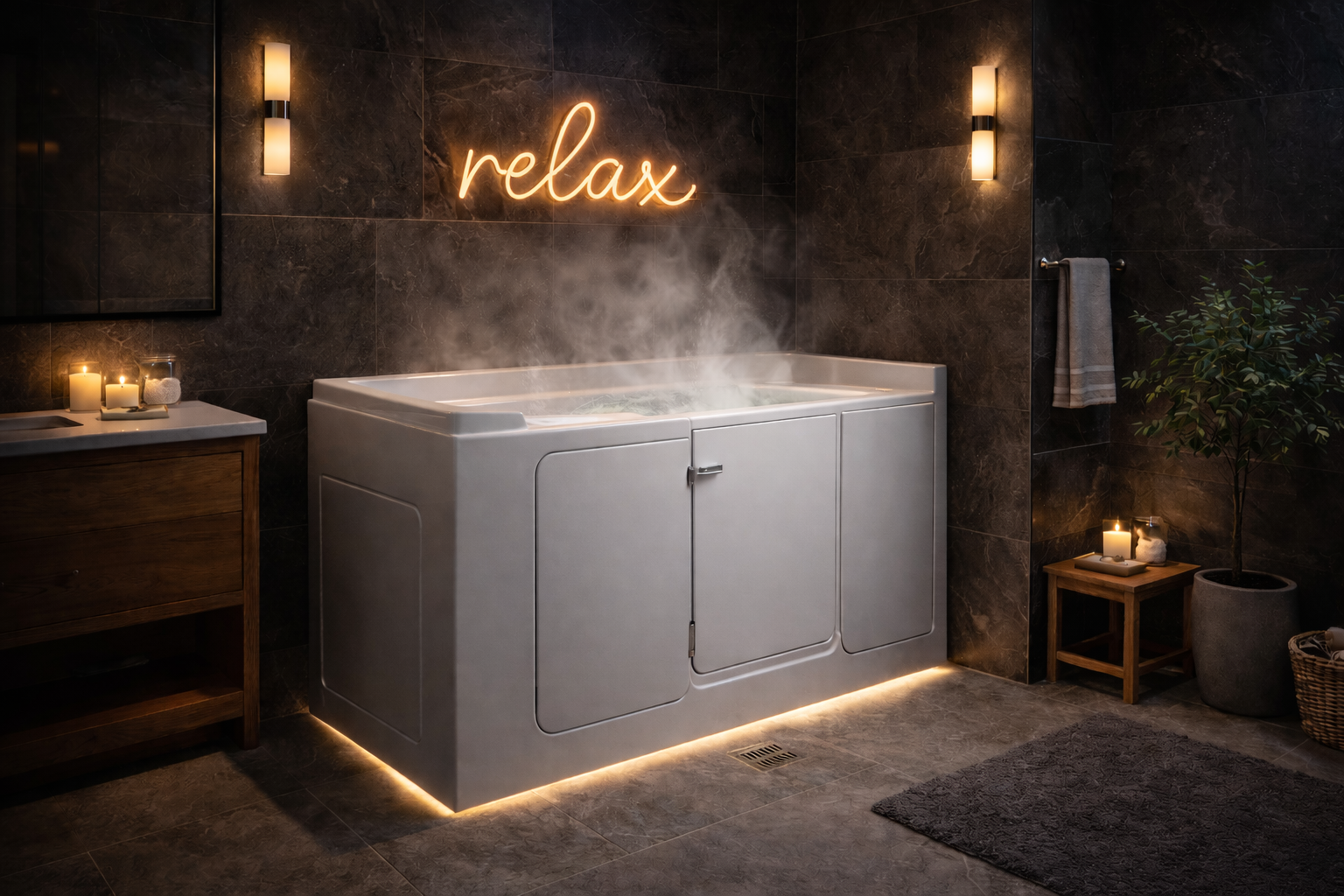 Luxury spa-like bathroom featuring modern white walk-in tub with side entry door and ambient LED lighting, dark slate tile walls, relax neon sign