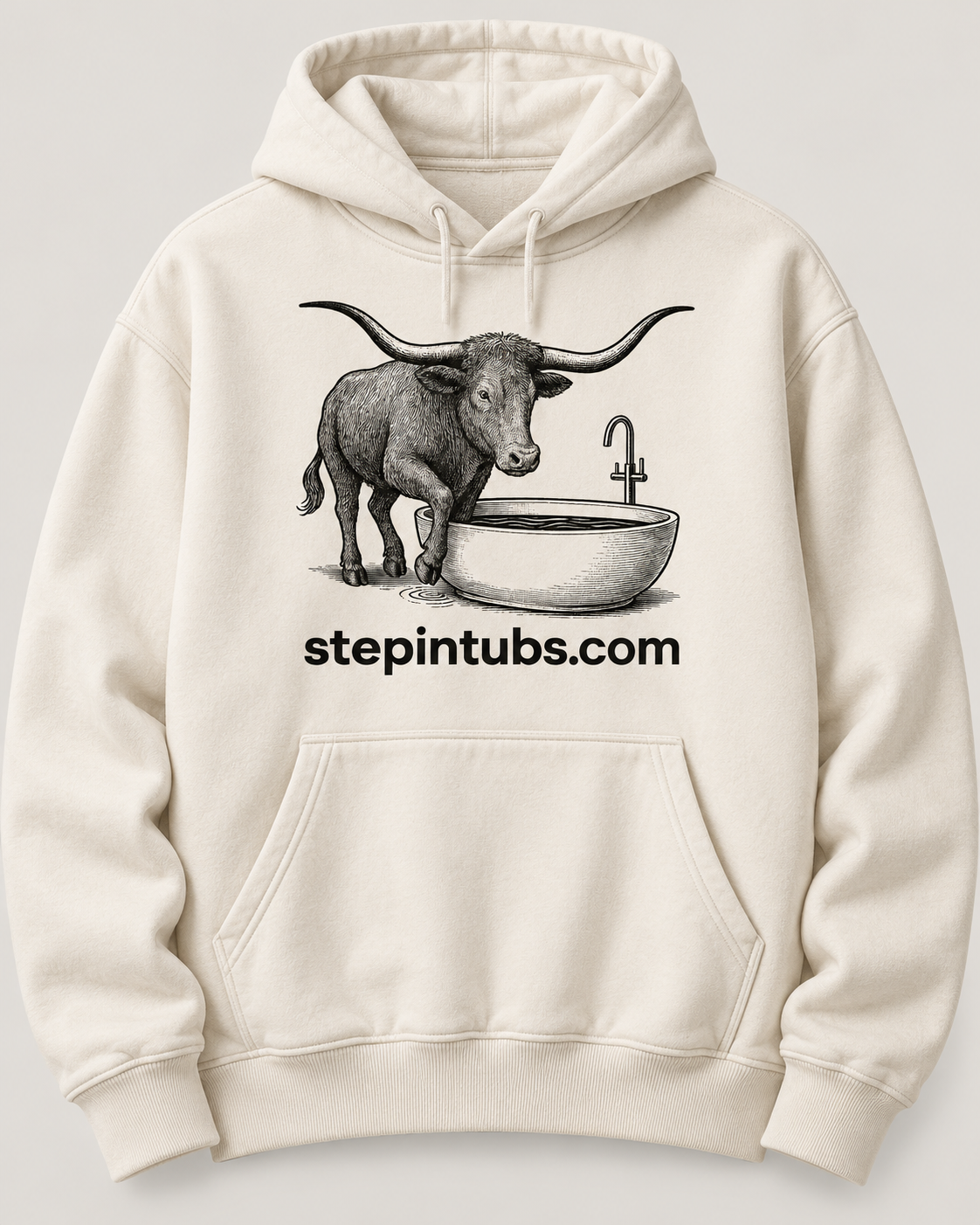 Natural cream hoodie mockup with black engraved longhorn stepping into a bathtub and stepintubs.com chest print